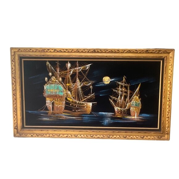 1960s 1970s Velvet Vintage Hand Painted Pirate Ship Nautical Ship Scene Art In O - Picture 1 of 11